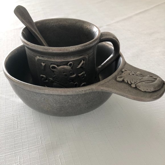 VTG Carson Pewter Teddy Bear Baby Bowl & ABC 123 Mug Set Including Spoon - Picture 1 of 14